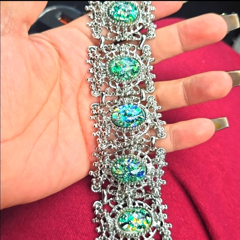 SOLD***Vintage 1950s Unsigned Selro Selini Green Confetti Panel Bracelet Silver - Picture 5 of 5
